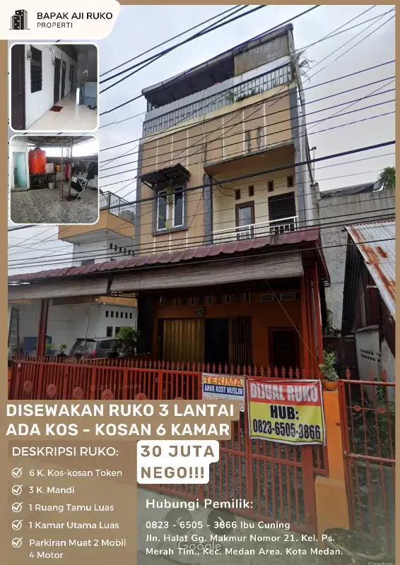 Ruko 3 Lantai Ada 6 Kamar Kos sudah Token NEGO