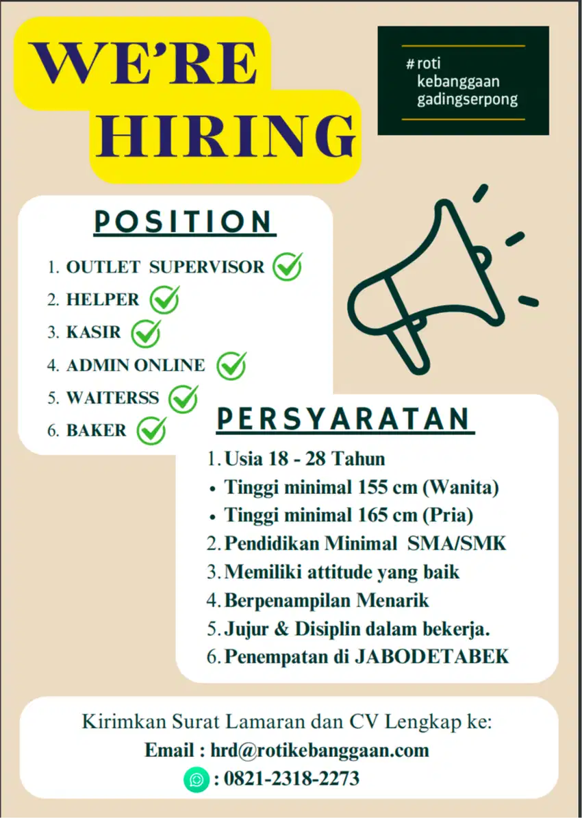 COOK / BAKER / HELPER / WAITERSS / KASIR / ADMIN ONLINE / DRIVER