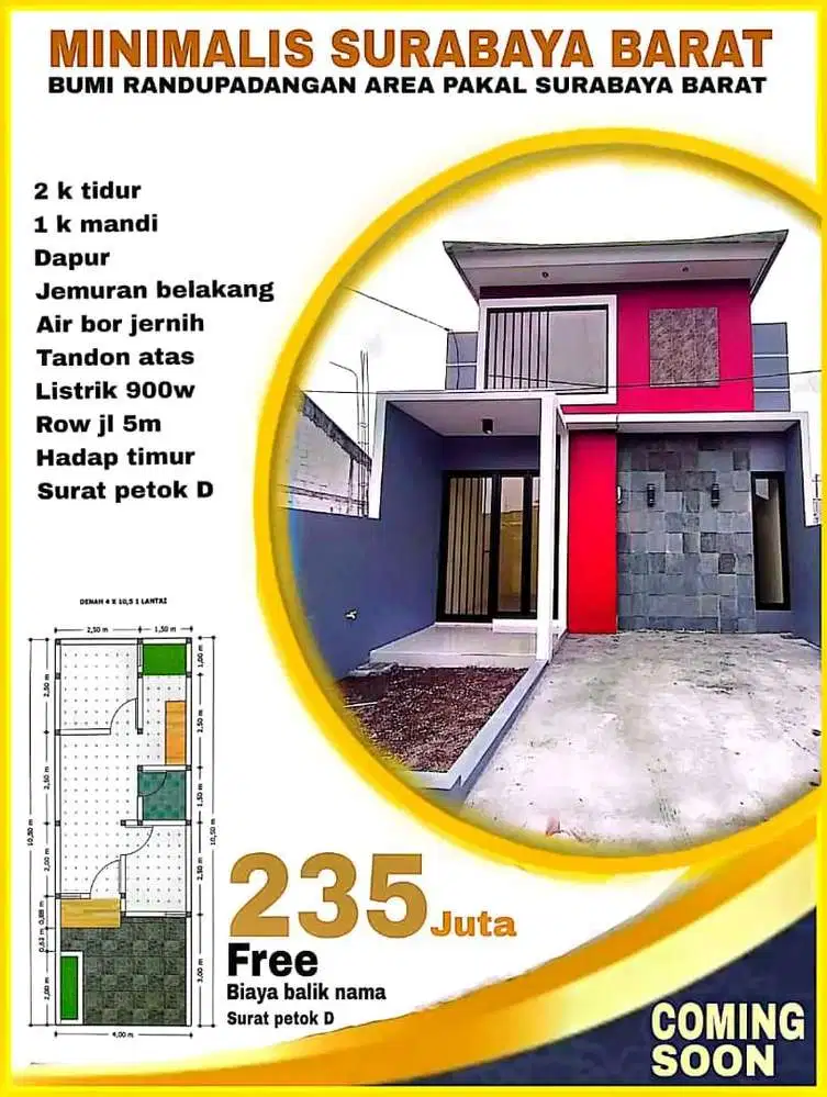 Rumah nol jln cor banyu urip beji pdam benowo sby barat cuma 235jt ngo