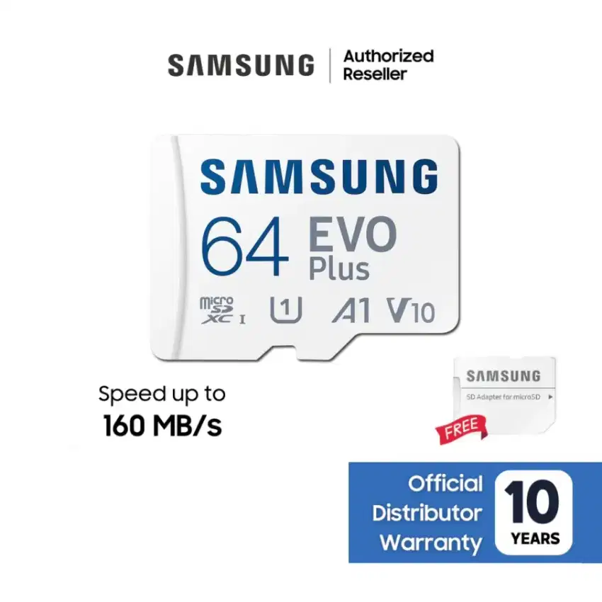 Memory Card MicroSDXC Samsung Evo Plus 64GB A1 V10 + Micro SD Adapter