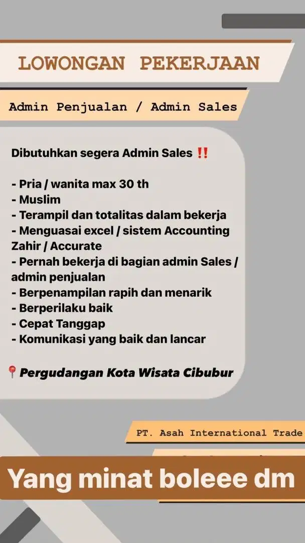 Loker Admin Support Sales Min. SMA open recruitment staff