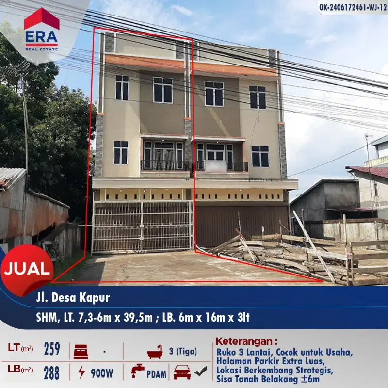 Dijual ruko 3 lantai dengan halaman luas di Jl. Desa Kapur