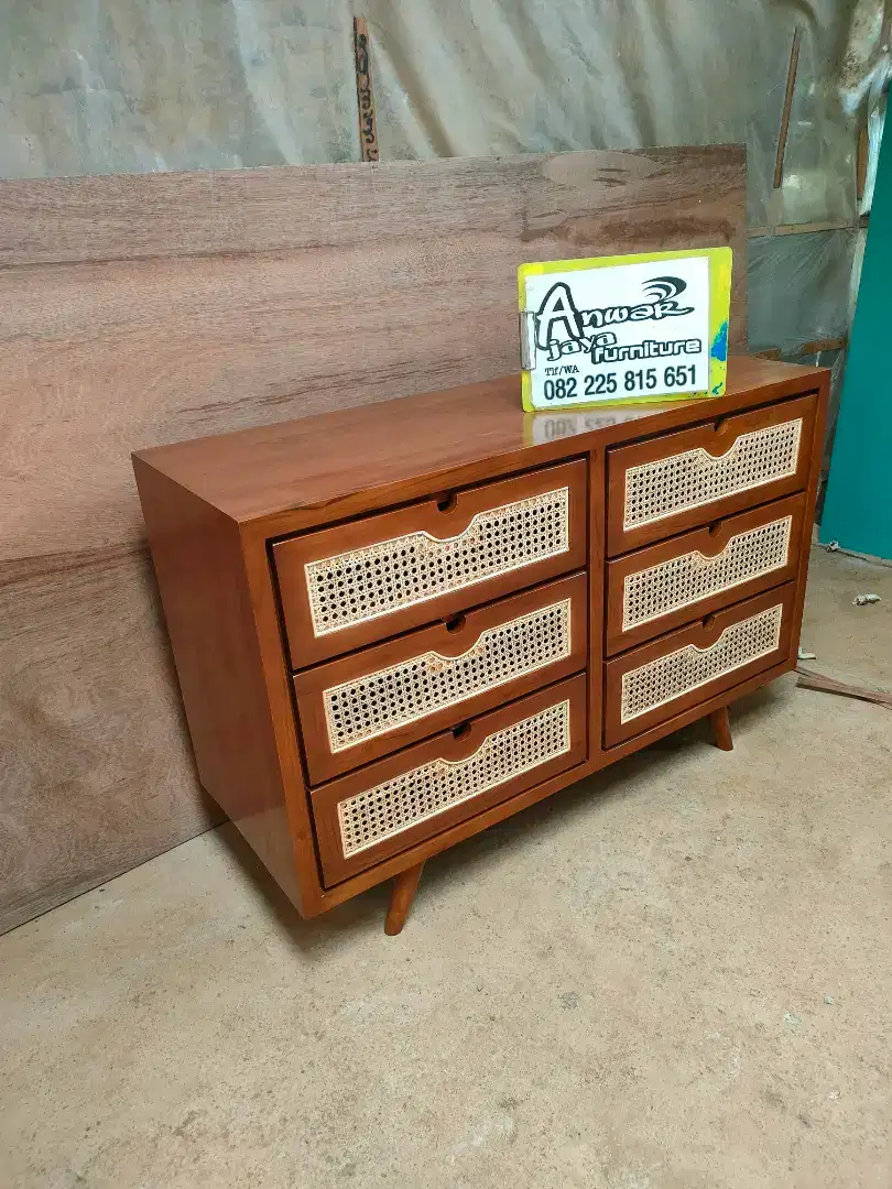 Bufet tv minimalis motif laci rotan full kayu jati