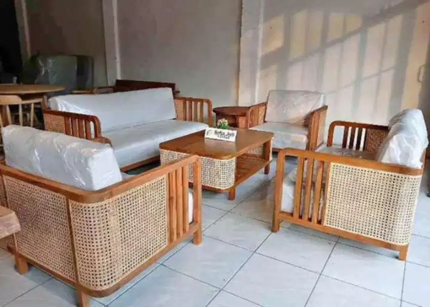 Set kursi tamu rattan kayu jati solitd