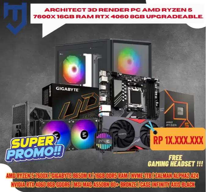 Architect 3D Render PC AMD Ryzen 5 7600X 16GB RAM RTX 4060 8GB Upgrade