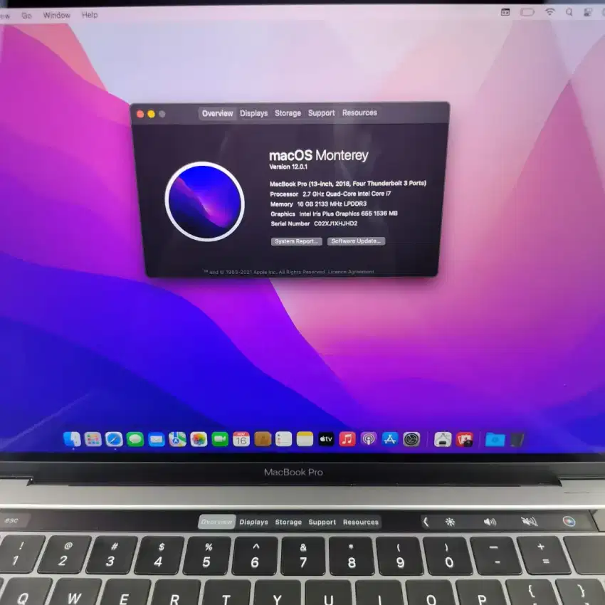 Macbook Pro 2018 Ram 16 Ssd 512 Core i7 lengkap full set layar 13 inch