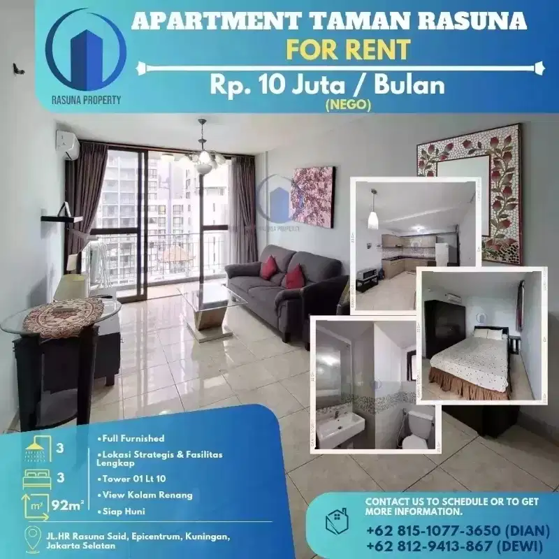 FOR RENT, Apartment Taman Rasuna, 3 BR, Full Furnished, Siap Huni