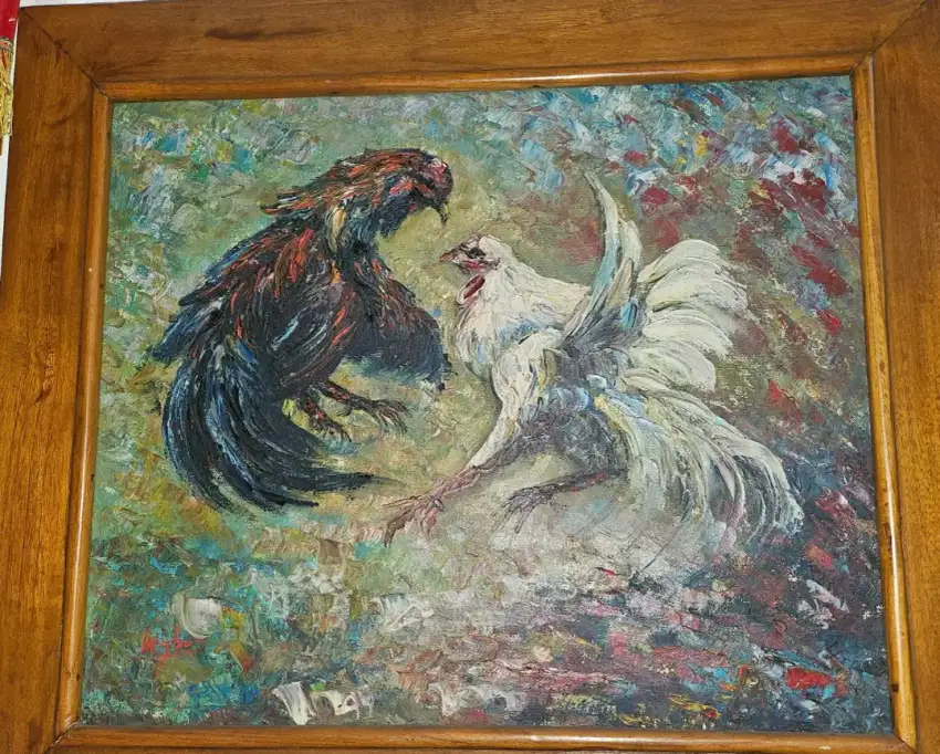 Lukisan dua Ayam jago ukuran 80cm (bingkai kayu)