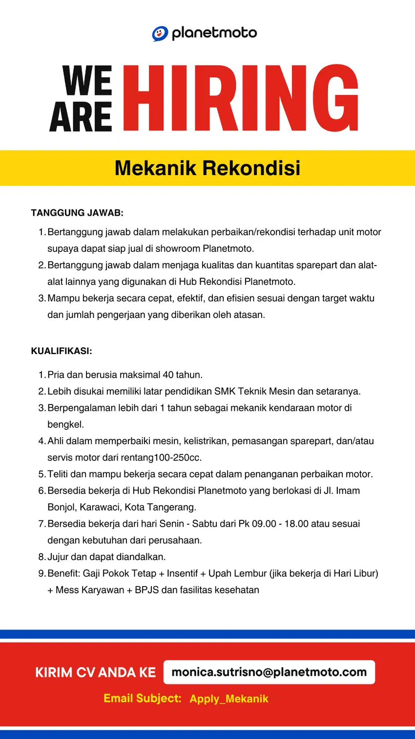 Lowongan Kerja - Mekanik Rekondisi Motor