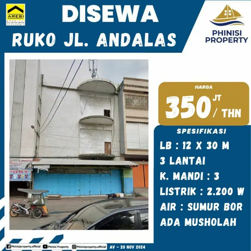 RUKO SEWA JALAN ANDALAS,PUSAT KOTA