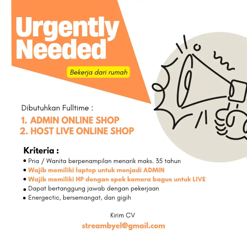 Dibutuhkan segera admin & host live