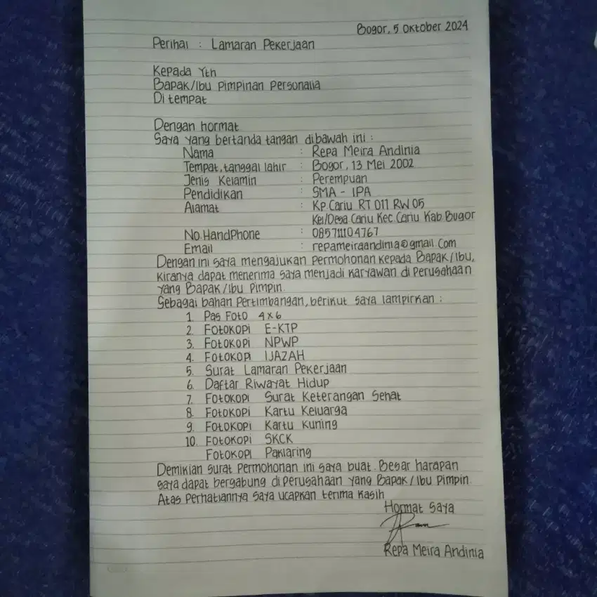 Jasa Tulis Tangan Lamaran Pekerjaan