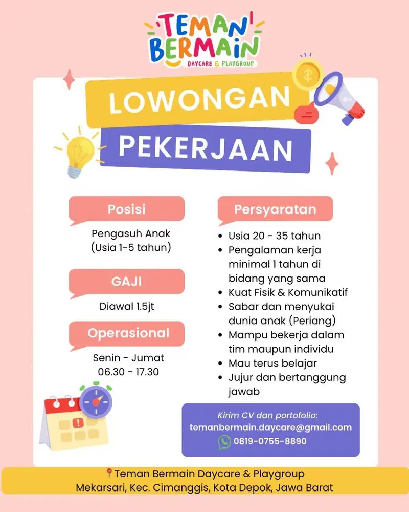 DIBUTUHKAN PENGASUH DAYCARE (PENITIPAN ANAK) DI MEKARSARI, CIMANGGIS