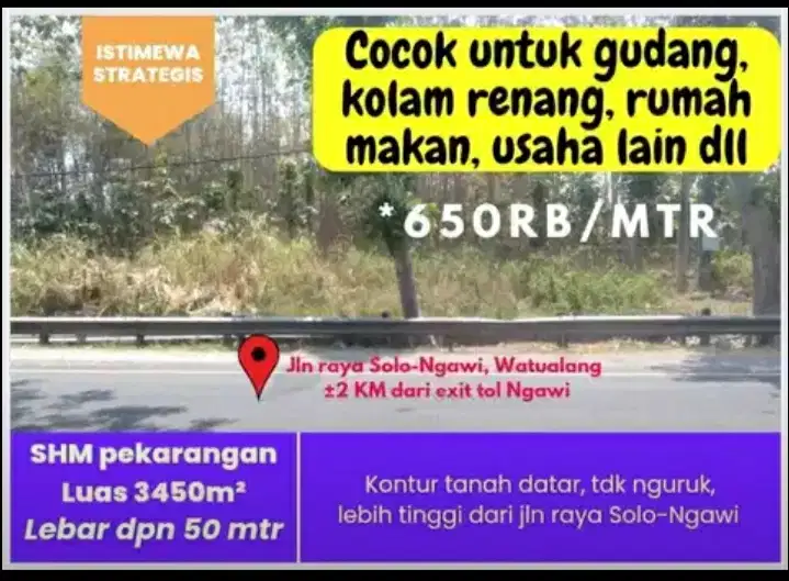 Tanah darat, nol jln nasional, lbr dpn 50mtr, 2 KM dr exit tol