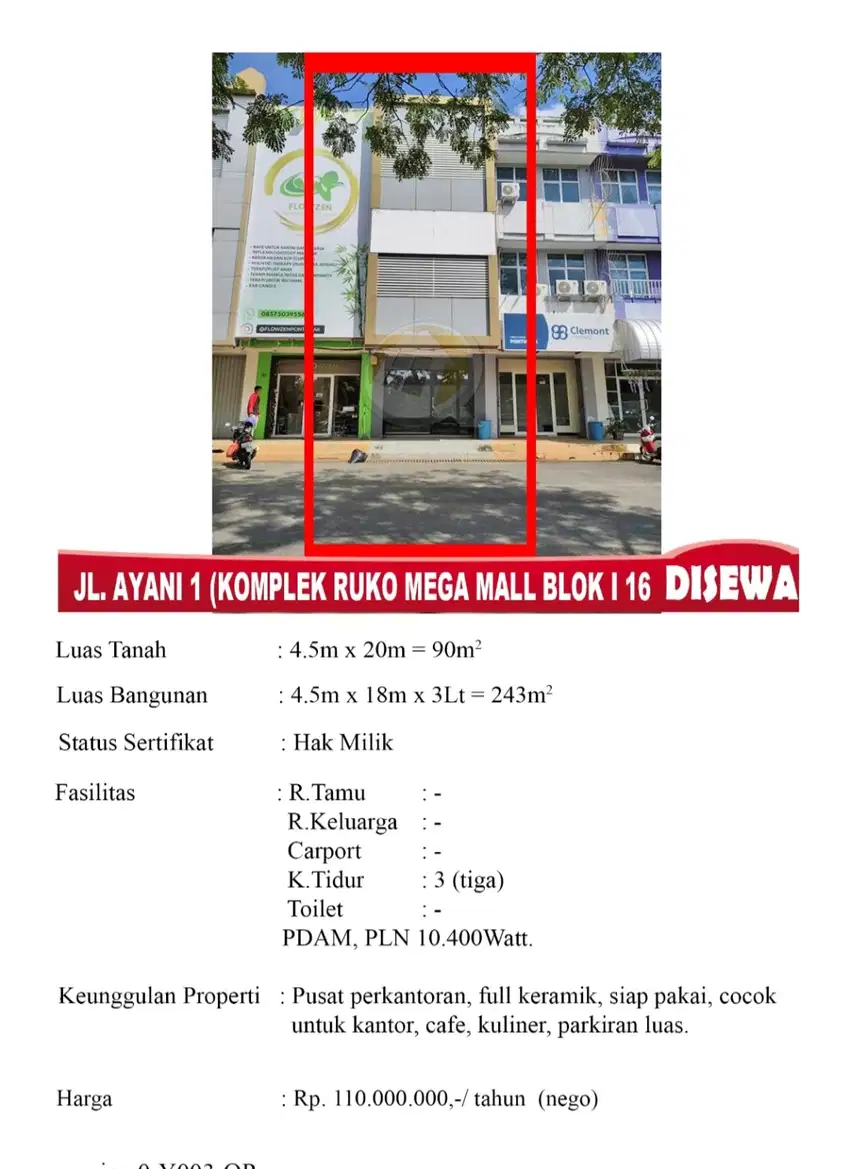 D sewakan ruko d Ayani Mega mall,lokasi strategis&ramai di pusat kota