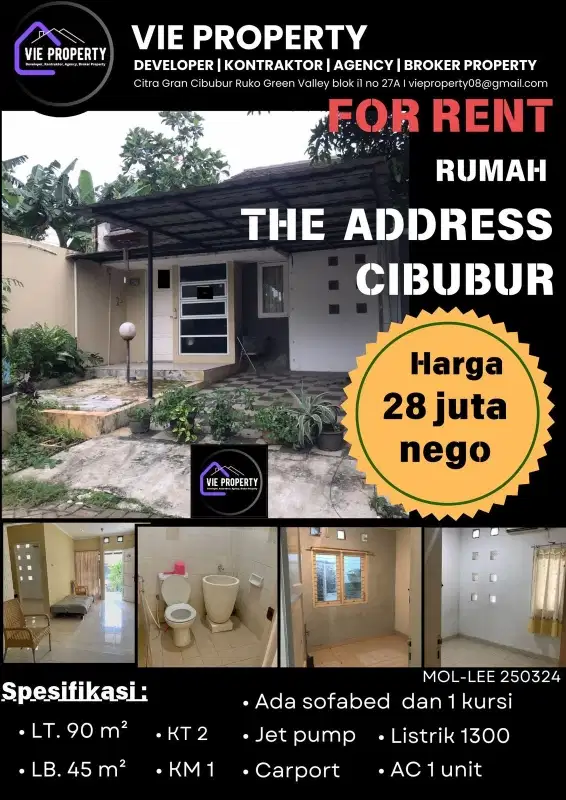 DISEWAKAN MURAH RUMAH SIAP HUNI DI PERUM ADDRESS CIBUBUR