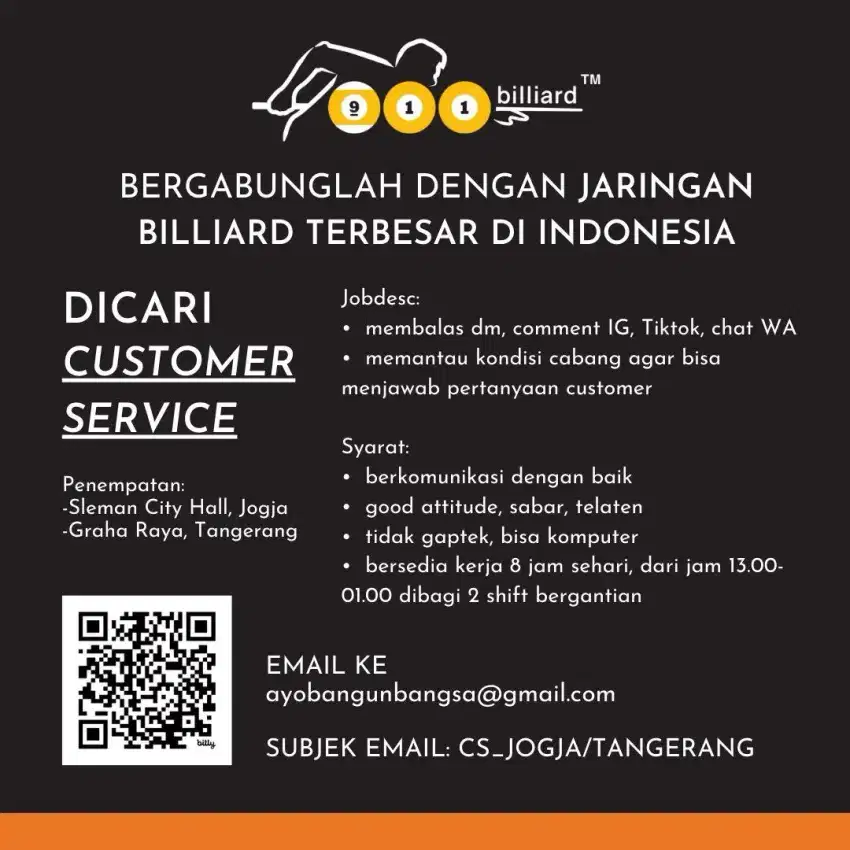 Lowongan Customer Service Billiard cabang Jogja