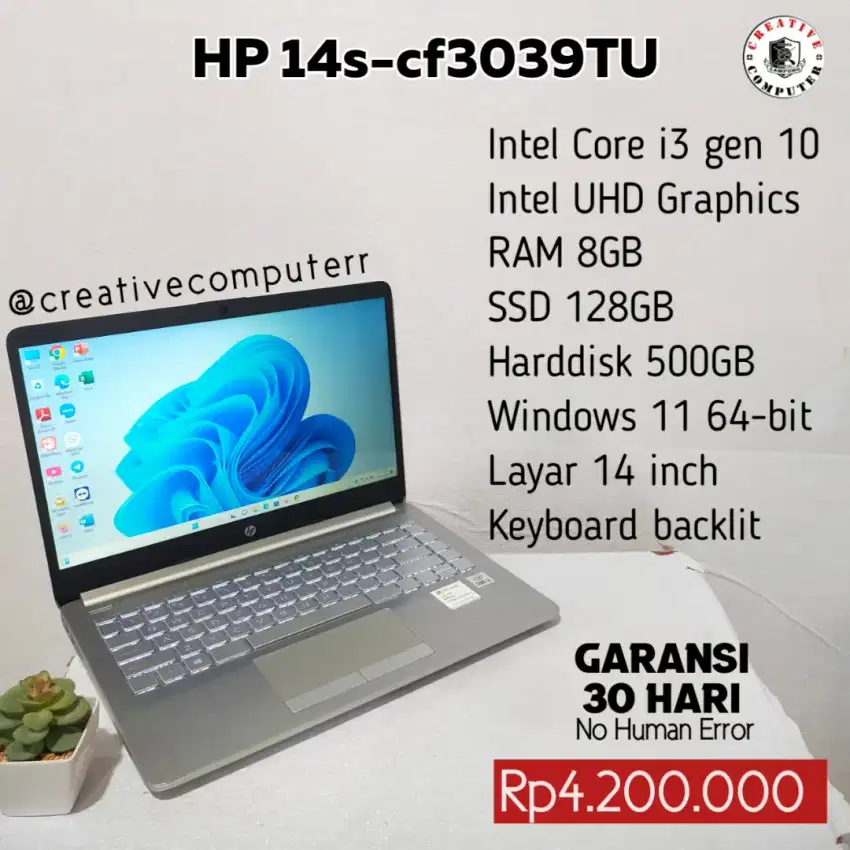 Laptop hp core i3 gen 10, ram 8gb