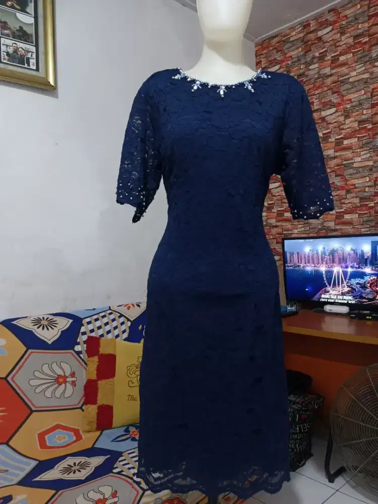 Dress brokat biru dongker