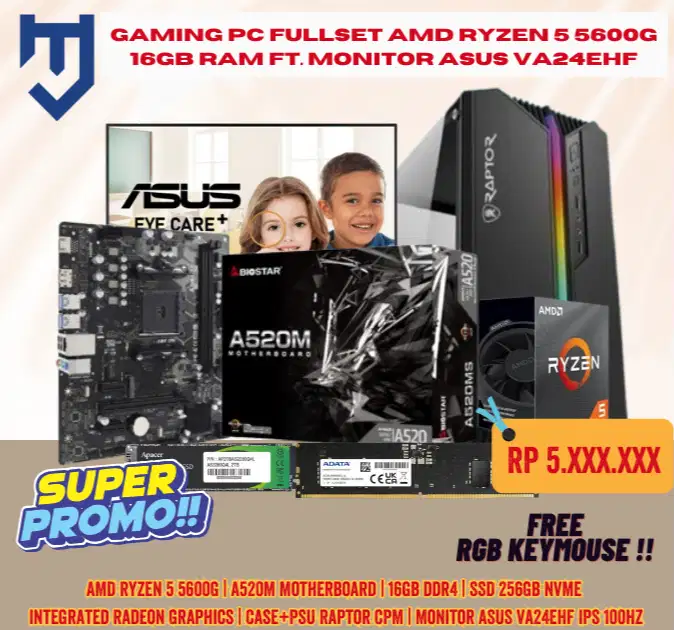 Gaming PC FullSet AMD Ryzen 5 5600G 16GB RAM ft. Monitor ASUS VA24EHF