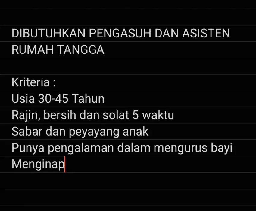 Lowongan Pengasuh Anak dan Asisten Rumah Tangga Menginap