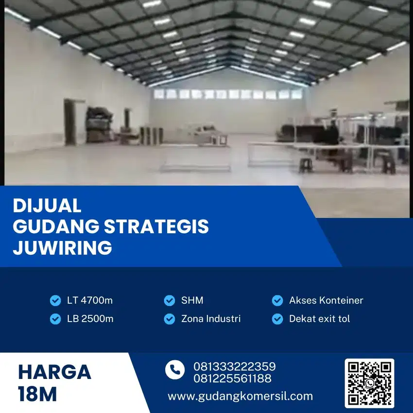 Dijual Gudang Zona Industri,Lokasi Juwiring,Klaten,Luas 4700m2,BU!