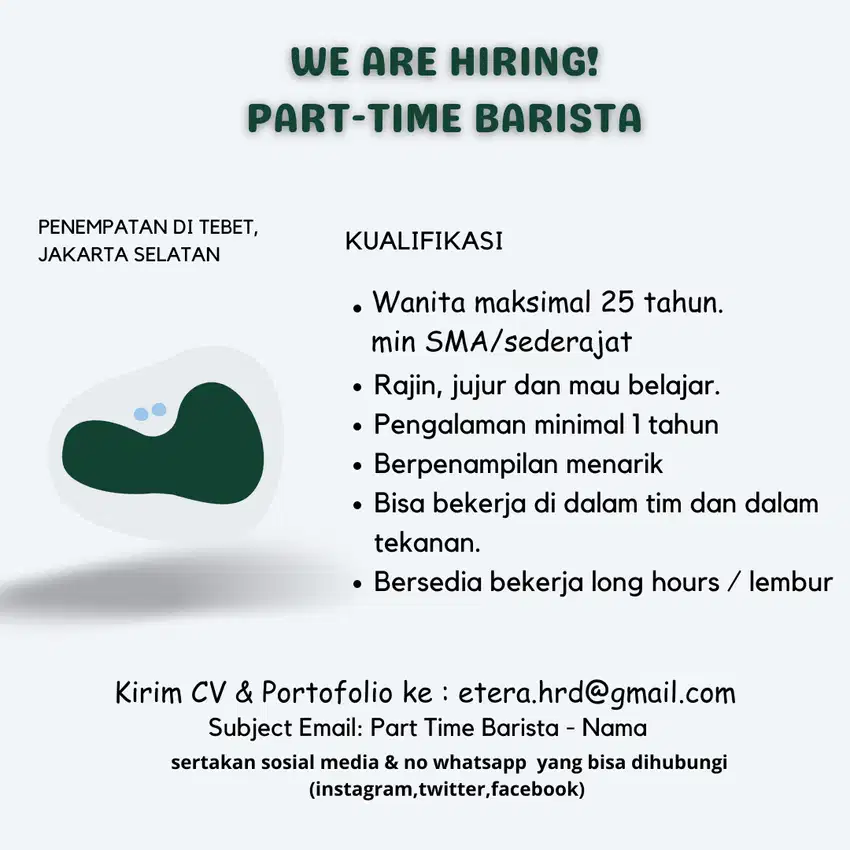 LOWONGAN PART TIME BARISTA WANITA CAFE TEBET