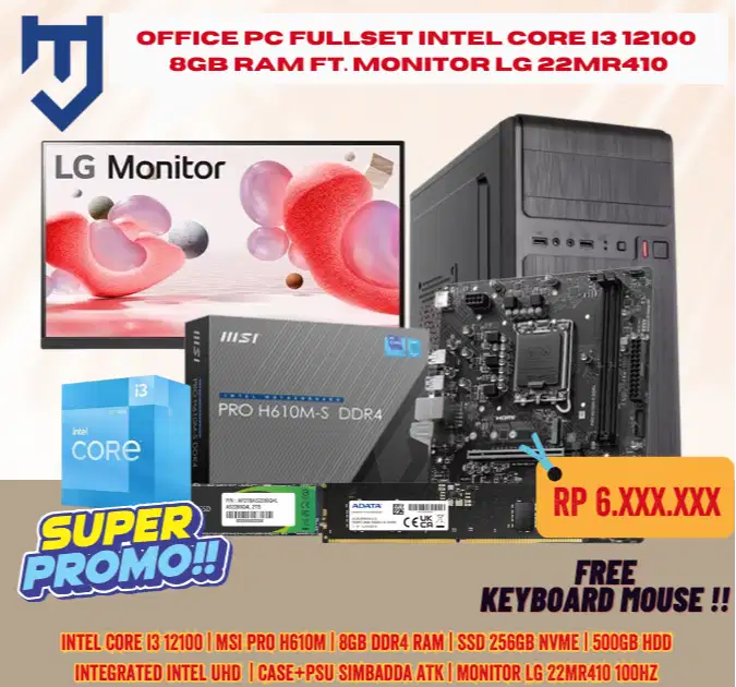 Office PC Fullset Intel Core I3 12100 8GB RAM ft. Monitor LG 22MR410