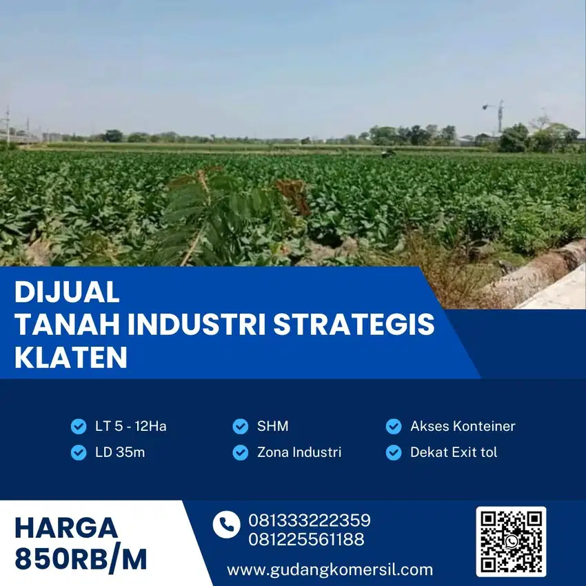 Dijual Lahan Zona Industri,Lokasi Klaten,Luas 12 Ha,Bu