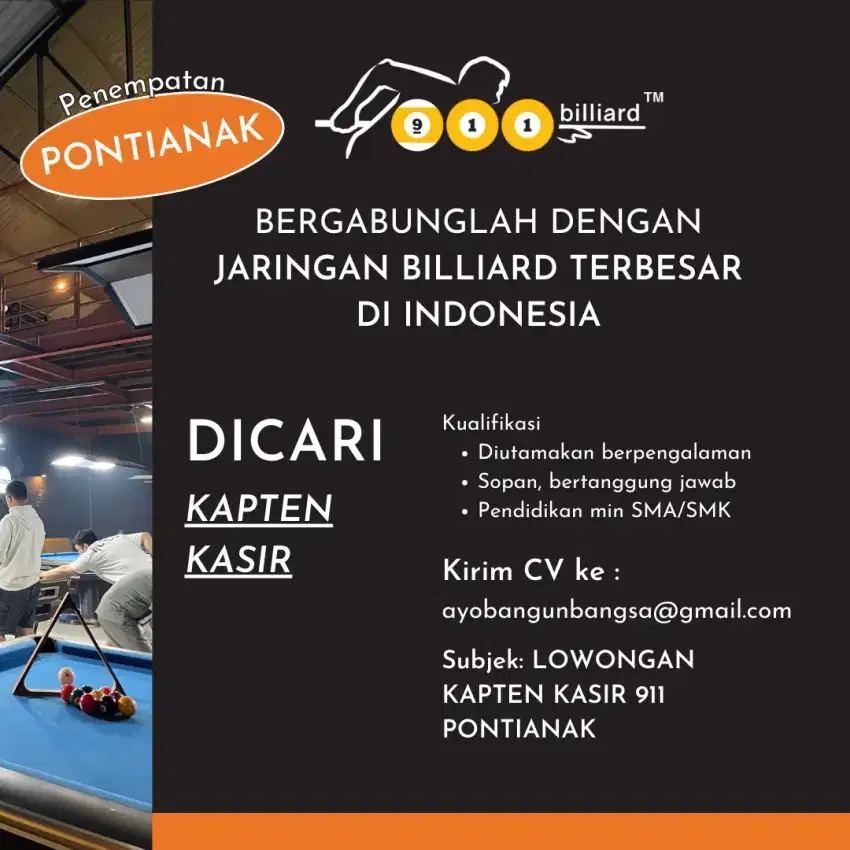 Lowongan Kasir dan Kapten billiard cabang Pontianak