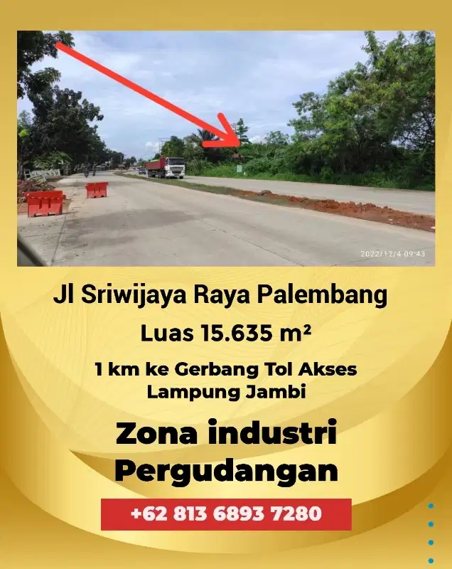 Jual cepat Tanah SHM 1.5 ha 1 km gerbang Tol Palembang milik srndir