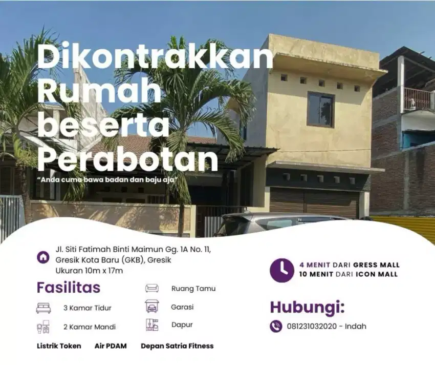 Disewakan Rumah Full Furnished Strategis di Kota Gresik