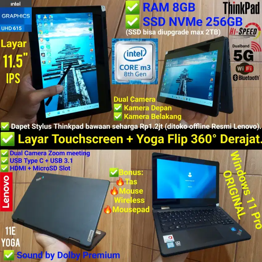 Thinkpad Yoga M3 Gen8 RAM 8GB SSD NVMe 256GB Lenovo Layar Sentuh E11