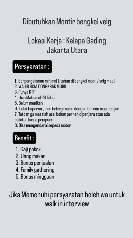 Dibutuhkan montir bengkel Ban mobil di jakarta