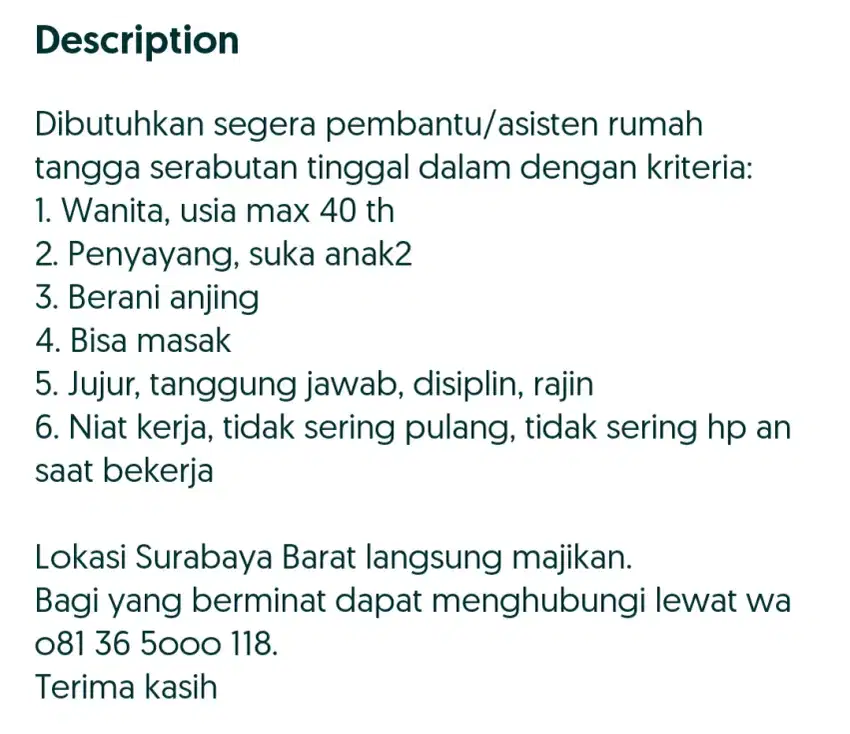 Lowongan Pembantu/Asisten Rumah Tangga (PRT/ART)