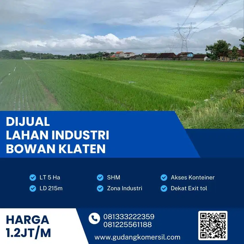 Dijual Lahan Strategis Zona Industri,Lokasi Bowan Klaten,Luas 5 Ha,Bu