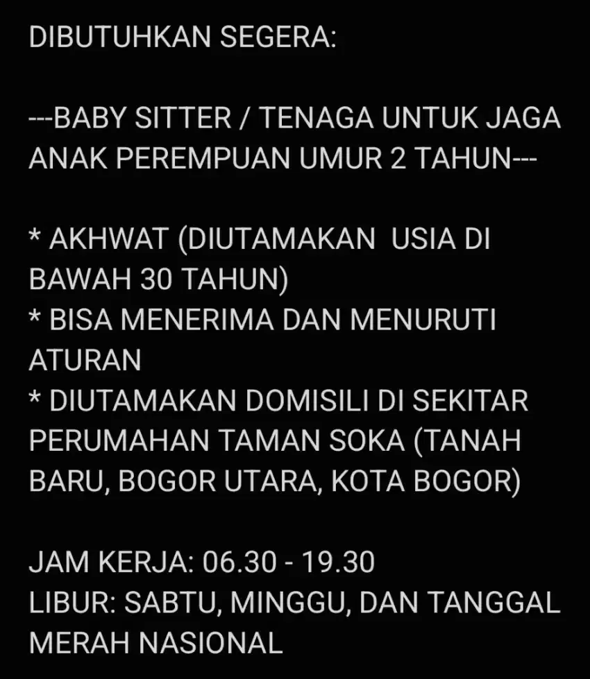 DIBUTUHKAN SEGERA!!! BABY SITTER / TENAGA JAGA ANAK PEREMPUAN