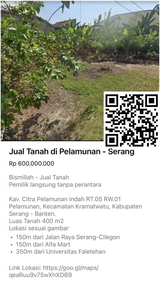 Tanah Kavling Pelamunan Serang 400m