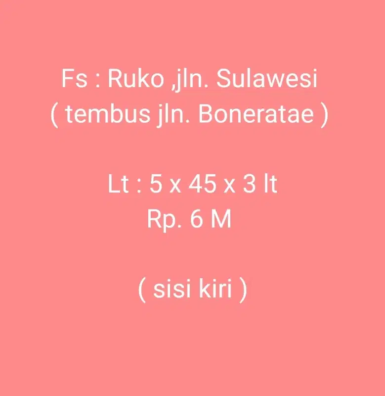 Di Jual Ruko 3 Lt, Jl Sulawesi, Mks