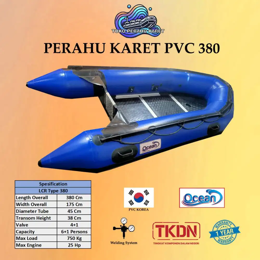 Perahu Karet Rescue SAR, Mancing, Bahan PVC OCEAN 380 Untuk 6-7 Orang
