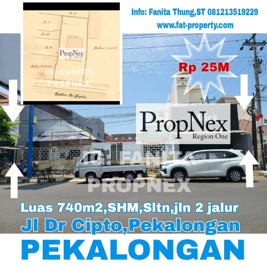 Dijual pahan komersil di Jl Dr Cipto,Pekalongan luas 740m2,Sltn,SHM,