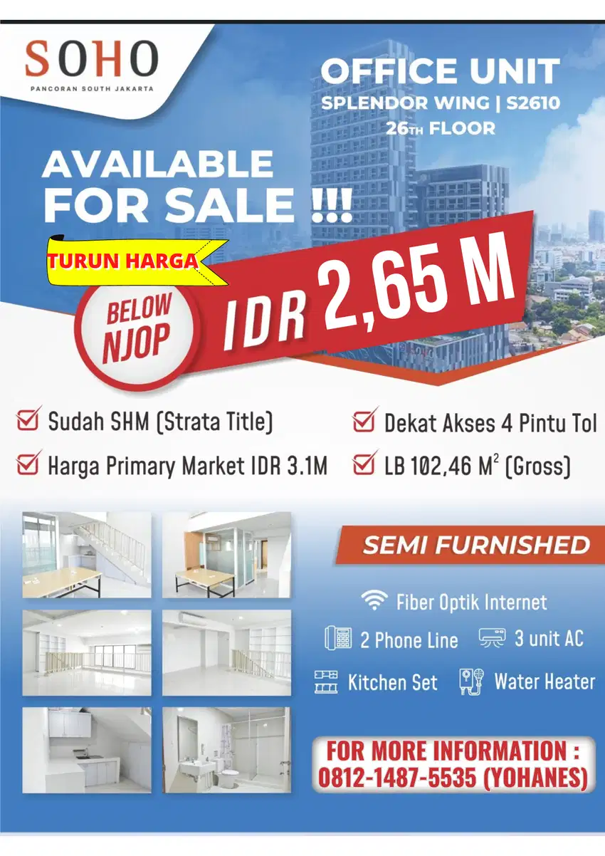 Jual Cepat Soho Pancoran 102mtr Office Space Tebet Semi Furnished