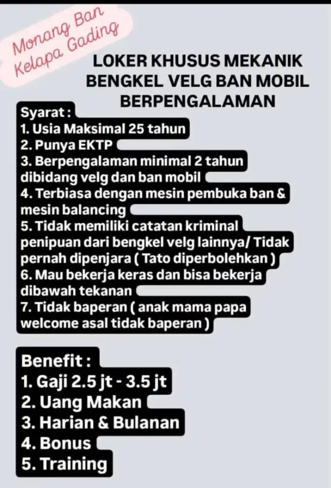Dibutuhkan montir berpengalaman bengkel velg