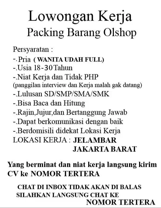 LOWONGAN KERJA LOKER PACKING BARANG OLSHOP JELAMBAR