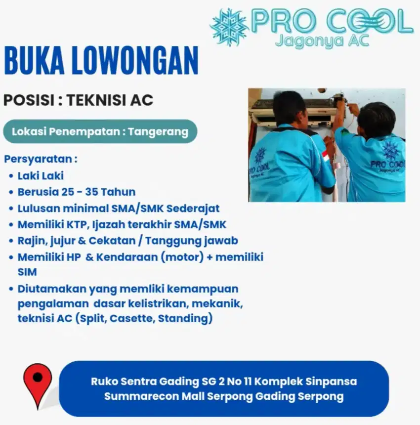 Lowongan kerja Teknisi AC dan Cleaning Service