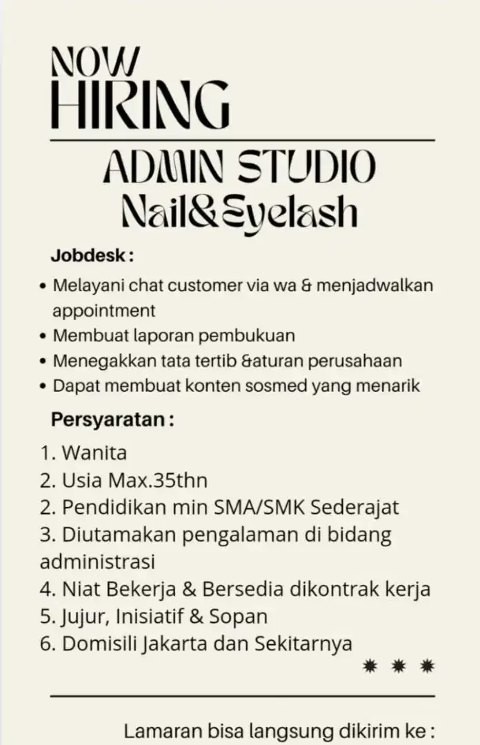 We Are Hiring ! Staff admin utk Salon Nail&Eyelash