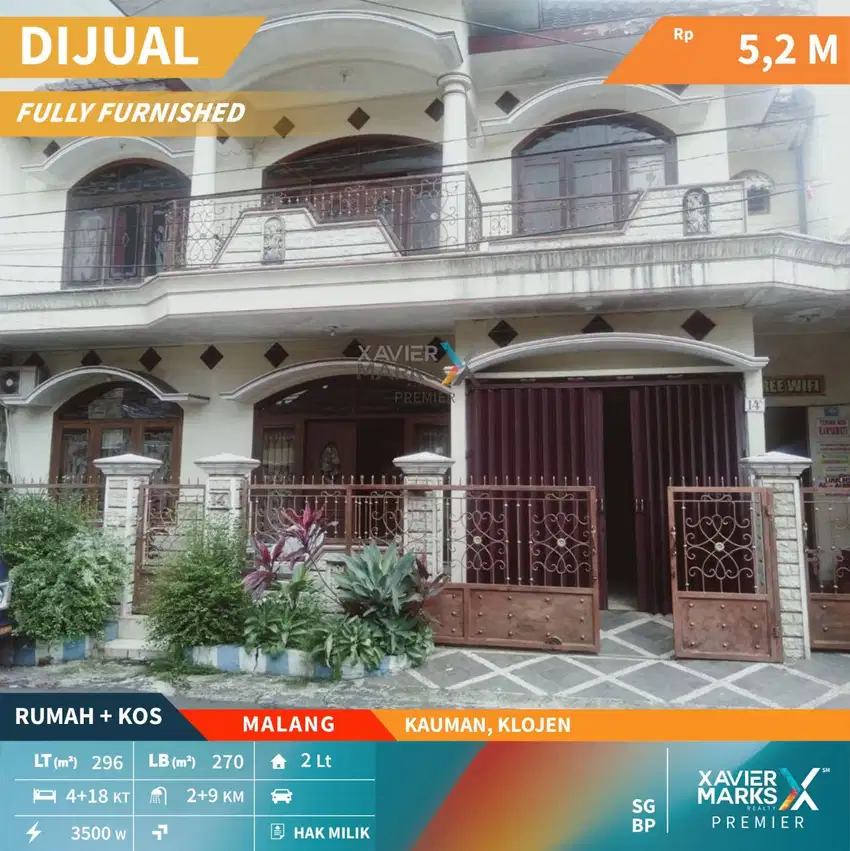 Dijual Rumah Kos Aktif Furnish di Kauman Klojen Malang