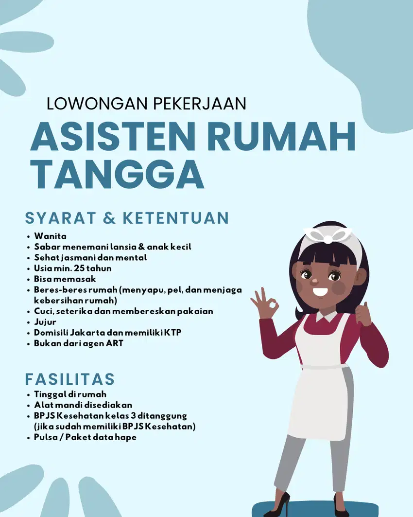 LOWONGAN PEKERJAAN ASISTEN RUMAH TANGGA (JAKARTA SELATAN)