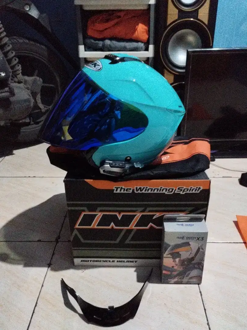 helm INK Dynamic solid Aqua blue, sarung helm INK Dynamic + interkom