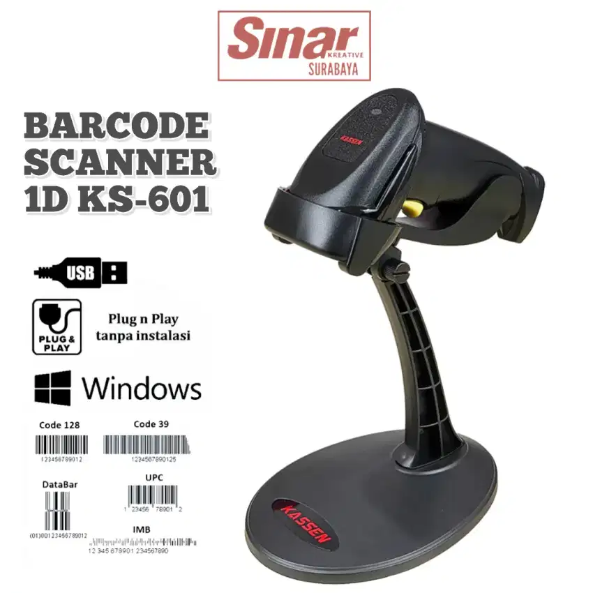 BARCODE SCANNER 1D LASER KS601 USB PLUG N PLAY PLUS STAND HOLDER